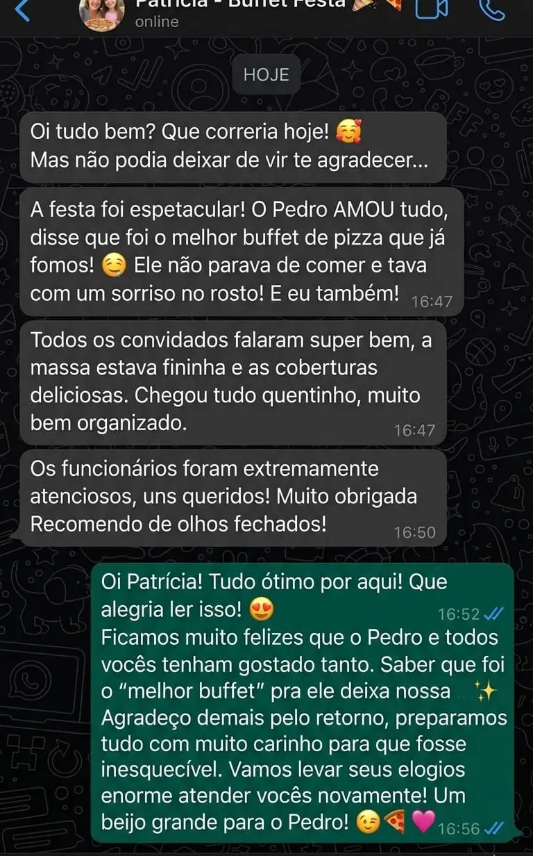 Relato no WhatsApp elogiando a atenção dos garçons da Vero