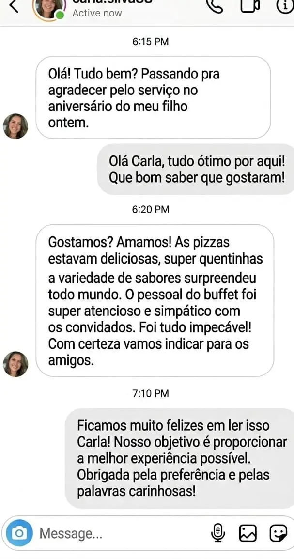 Feedback de cliente no Instagram elogiando buffet